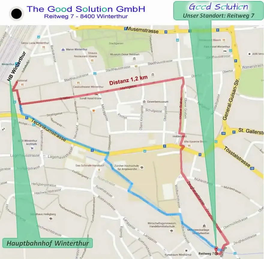 Zu Fuss ab HB Winterthur zur The Good Solution GmbH - Für Beratung, Coaching, Mentoring, Mental Sparring, Workshops und Seminare - The Good Solution GmbH - www.the-good-solution.com